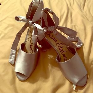 2inch heels, satin fabric, wrap around the ankle